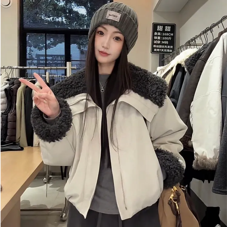 翻领羊羔毛小个子外套女短款2025秋冬季新款加绒加厚保暖棉服上衣