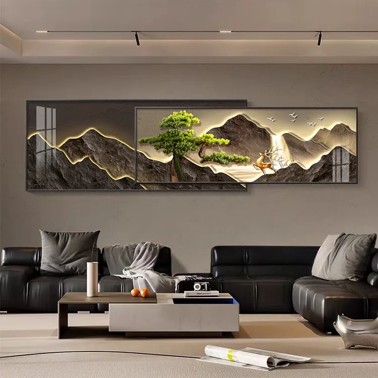 现代轻奢客厅装饰画高级感山水画沙发背景墙挂画2025新款叠加壁画