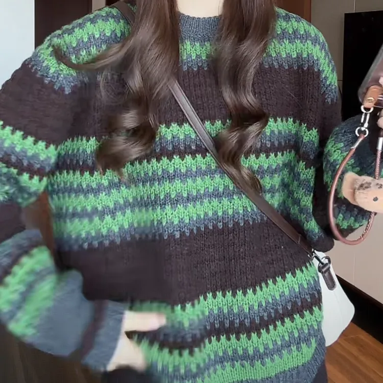 小众设计宽松圆领撞色条纹毛衣女冬季新款复古松弛感洋气针织衫