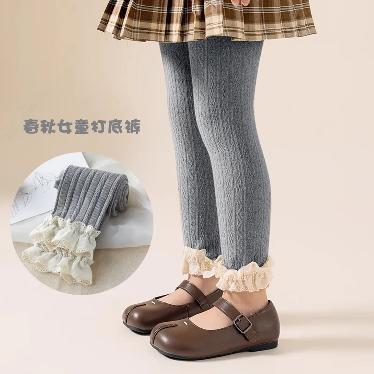 女童打底裤春秋薄款花边儿童九分弹力裤袜复古系女孩宝宝打底袜