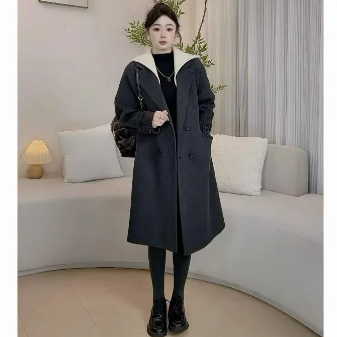 设计师中长款可拆卸连帽毛呢外套女2025秋冬新款韩版百搭加厚大衣