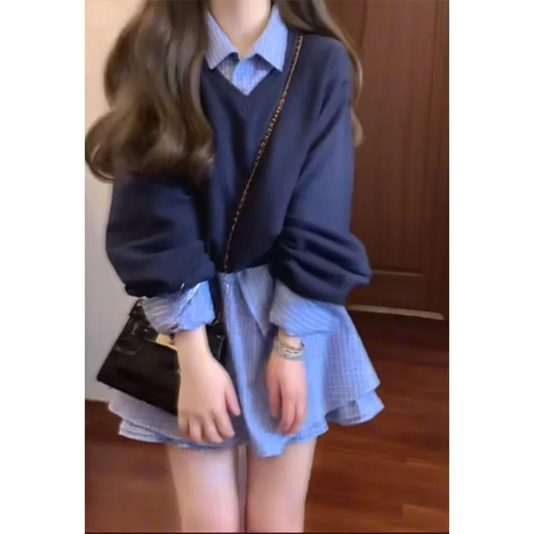 【校园漫步】经典百搭蓝格纹衬衫时尚高腰半身裙显瘦卫衣三件套装女