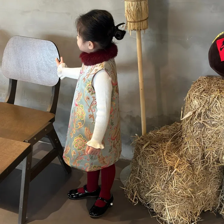 壹妈童装新中式女童冬季套装加厚夹棉刺绣国风拜年服蓝色旗袍裙