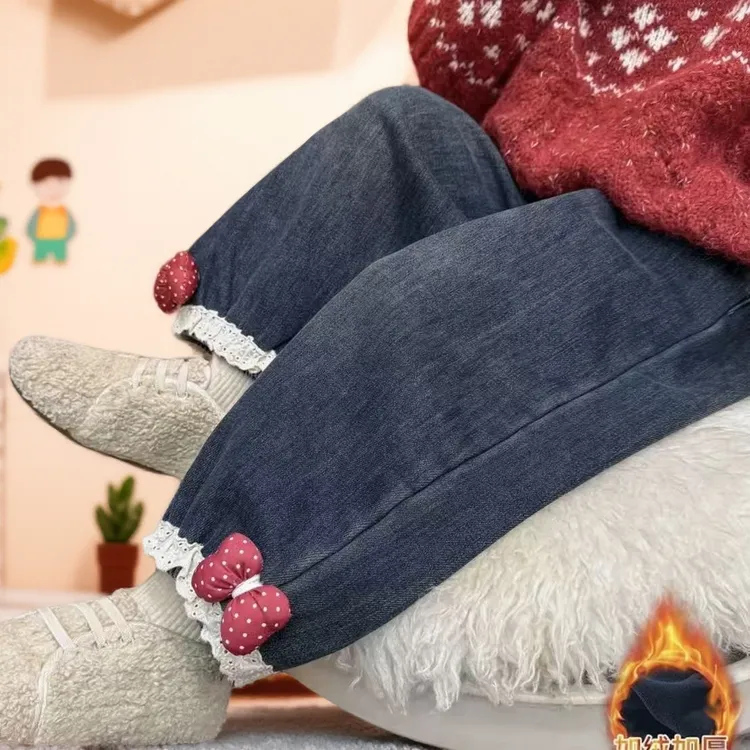 女小童加厚牛仔裤秋冬季儿童一体绒老爹裤冬装女女童加绒裤子