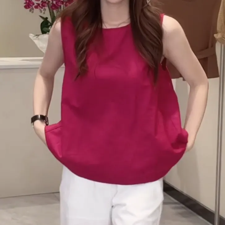 夏季韩版复古气质无袖百搭上衣女2025夏季新款圆领上衣时尚设计感