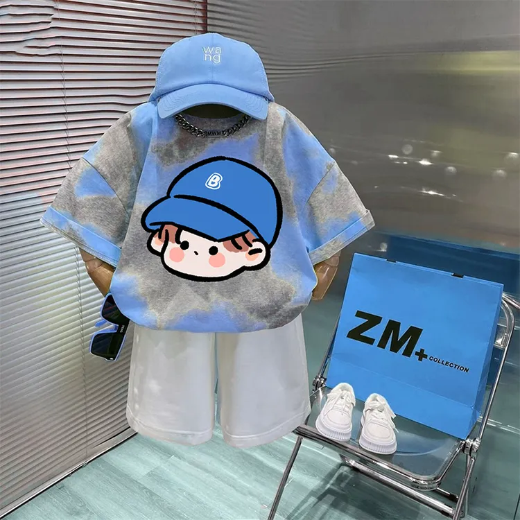 洋气扎染儿童套装夏季宝宝撞色卡通T恤男女童圆领短袖短裤两件套