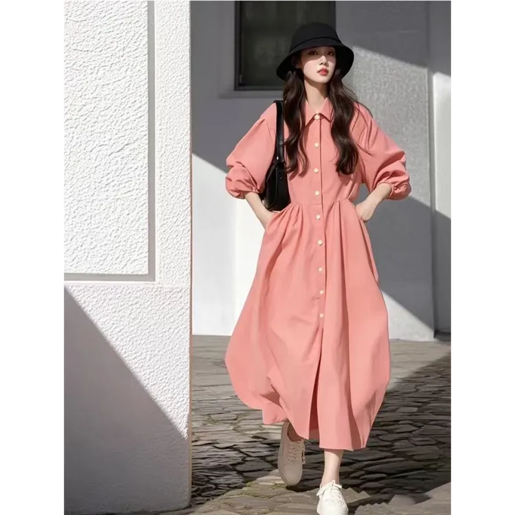 2025新款今年流行爆款小个子漂亮独特小香风粉色泡泡袖衬衫连衣裙