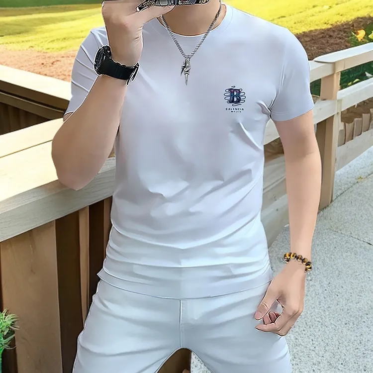 夏季新款男士圆领半袖丝光棉短袖T恤 压花烫钻帅气修身上衣潮男装