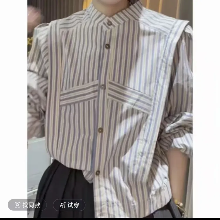 2025年春新款条纹立领长袖衬衫女时尚洋气衬衣外套短款气质上衣潮