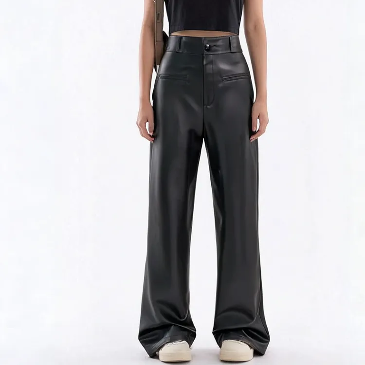 女款加长版高腰直筒皮裤
