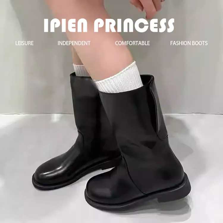 圆头小众显瘦英伦韩系马丁靴女2025秋冬中筒靴粗跟时尚百搭骑士靴