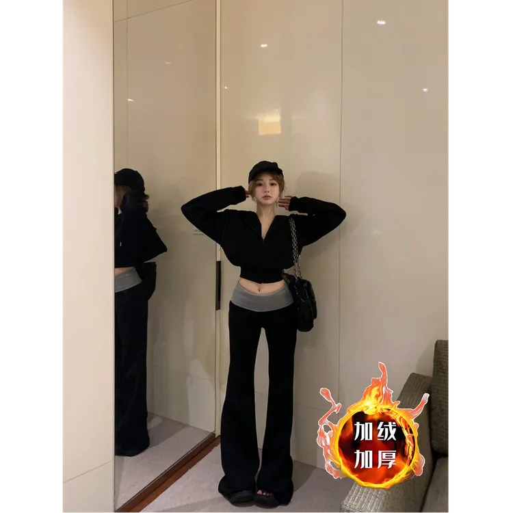 加绒加厚套装慵懒连帽长袖卫衣外套女秋冬穿搭撞色微喇叭裤两件套
