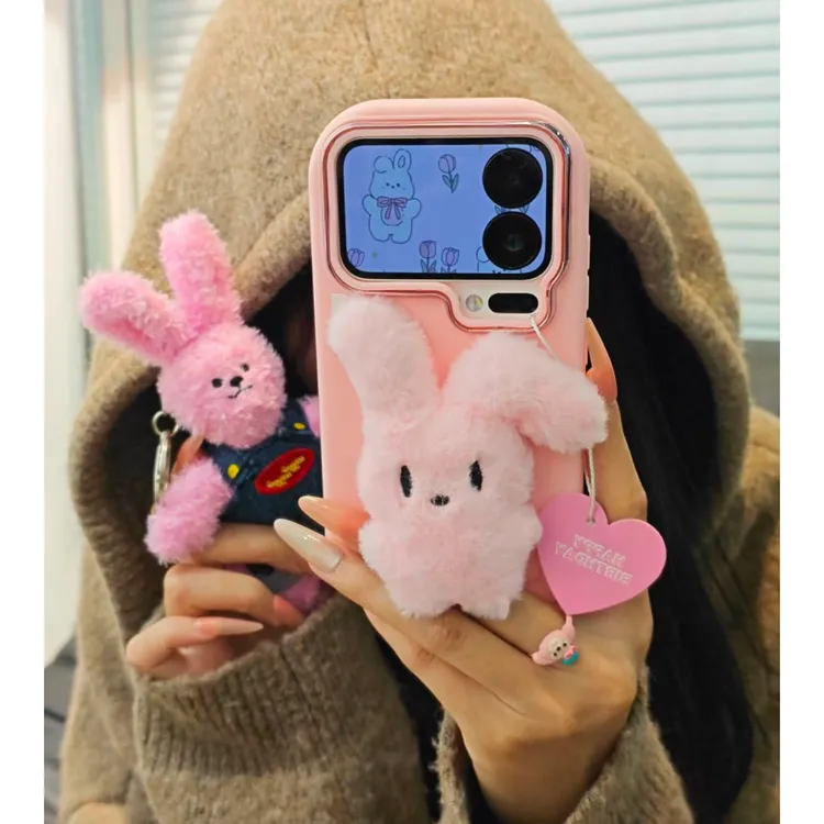 欧克里里粉色毛绒折耳兔子适用苹果17/16手机壳华为vivoppo小米17