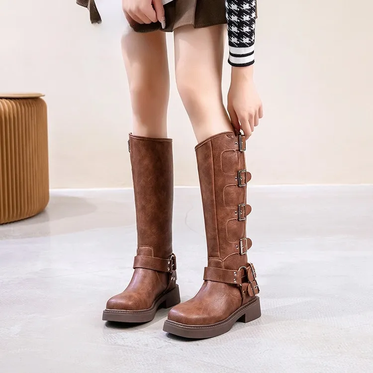 品牌长筒靴女复古不过膝高筒靴子棕色骑士靴西部牛仔靴马丁靴女款
