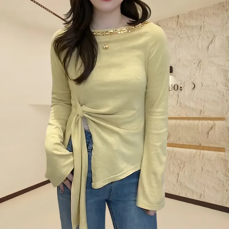 春季亮片一字肩系带款长袖时尚上衣2025爆款上档次时髦减龄体恤女