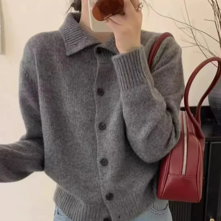 秋冬加厚100%纯羊毛高翻领开衫女高级感气质时尚休闲针织毛衣外套