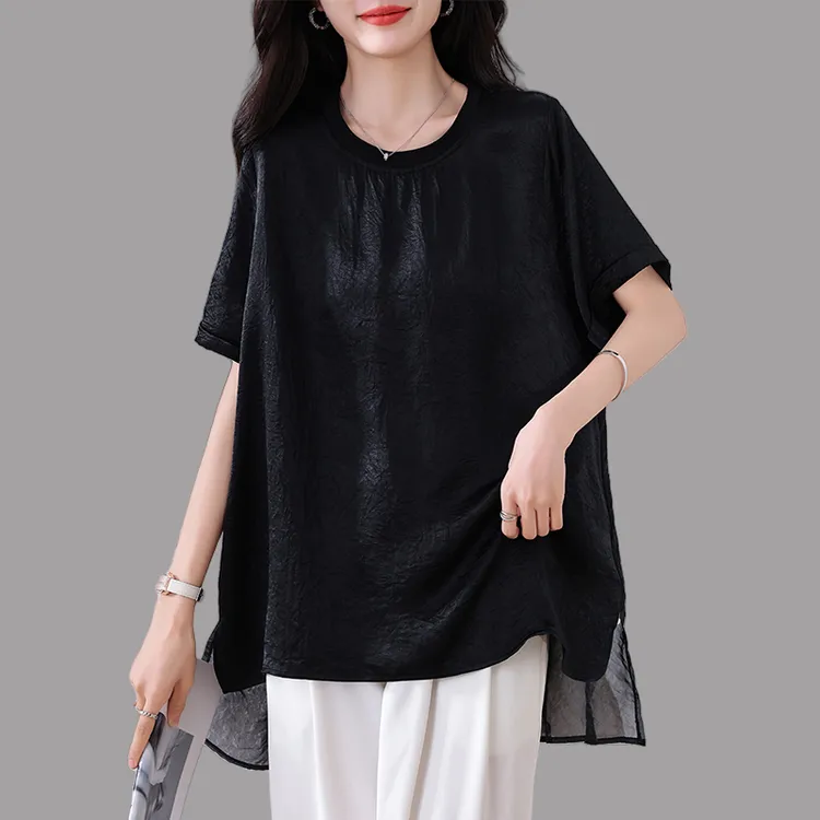 2025夏季新款黑色拼纱醋酸女短袖T恤大码宽松显瘦高级感独特上衣