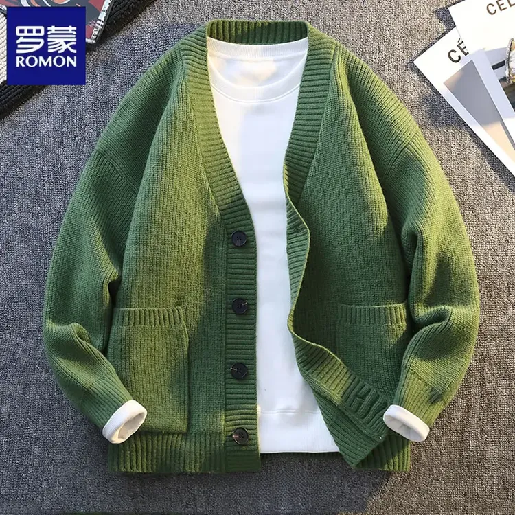 罗蒙纯色V领毛衣外套男秋冬潮牌青少年简约休闲宽松百搭针织开衫
