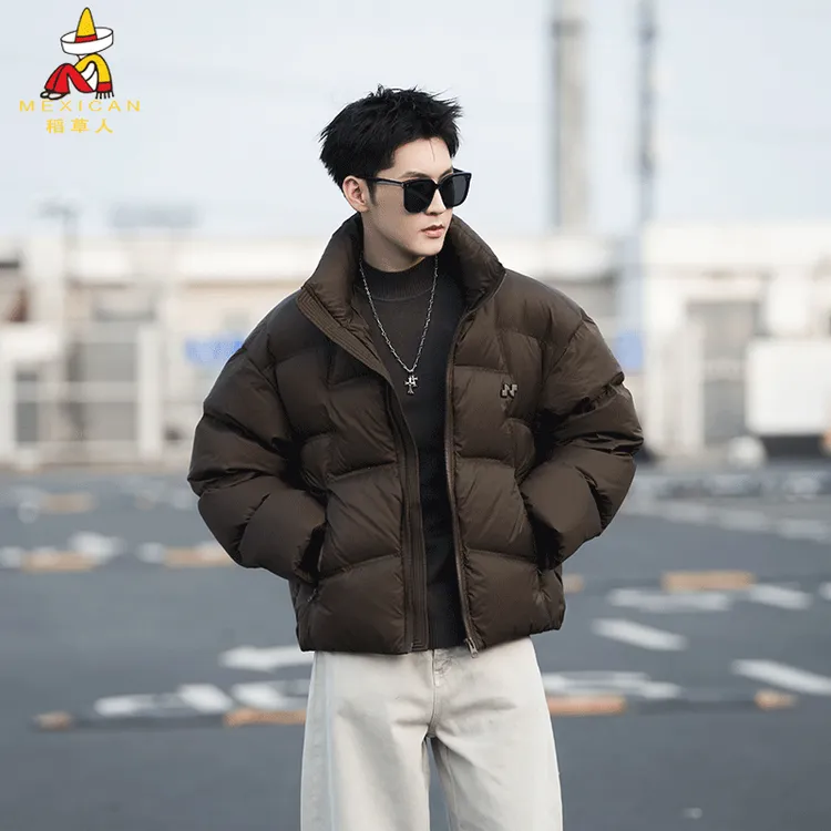 稻草人痞帅咖色保暖羽绒服男装2025新款冬季潮牌修身加厚短款外套