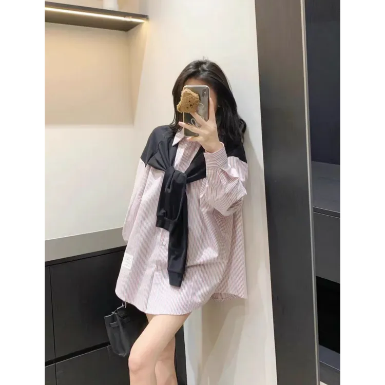2025春季新款韩系慵懒条纹长袖衬衫女休闲宽松显瘦百搭单排扣上衣