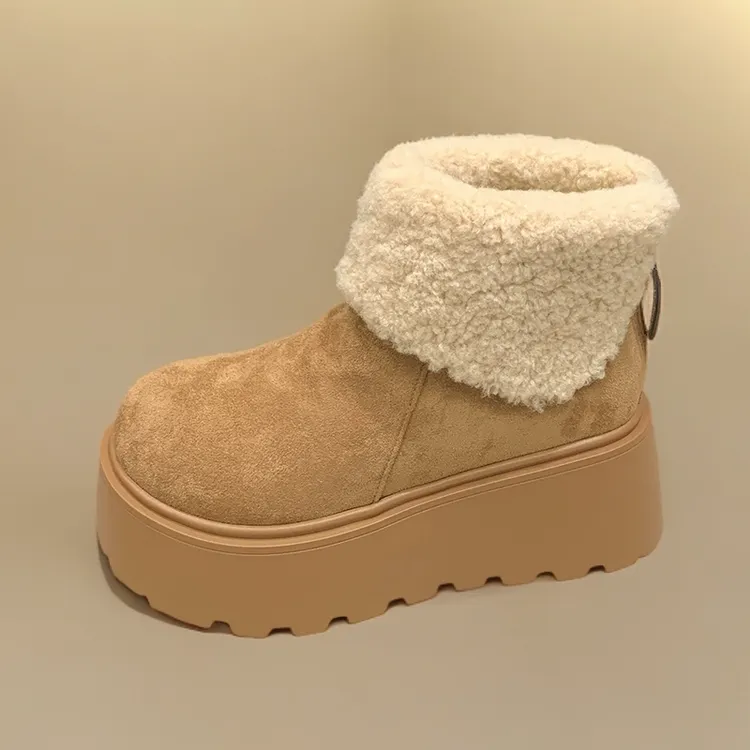 雪地靴头口加厚新款短筒芒果女款6翻毛增高2024气质厚底棉靴公分