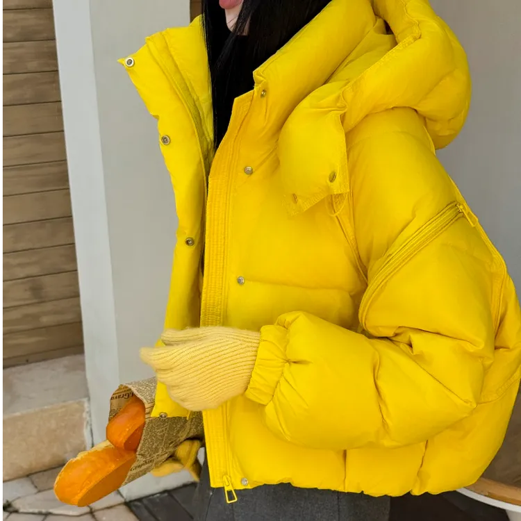 宽松小个子韩版保暖羽绒服女百搭短款加厚拉链袖冬连帽外套