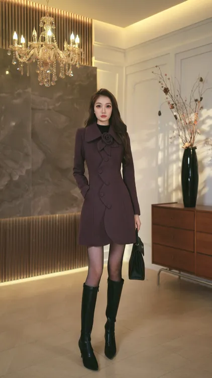 罗曼定制 原创设计高定毛呢外套收腰短款冬季连衣裙气质显瘦