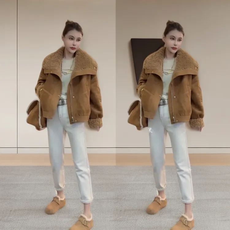 多巴胺植绒皮毛一体慵懒风外套女2025新款冬季大翻领洋气短外套潮