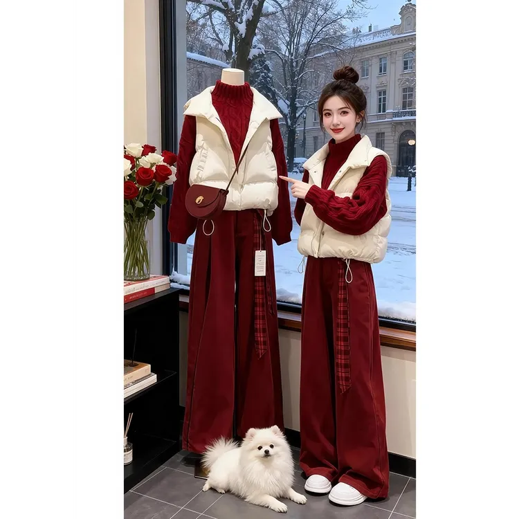 冬季穿搭套装女红色氛围感宽松针织毛衣马甲阔腿裤三件套保暖休闲