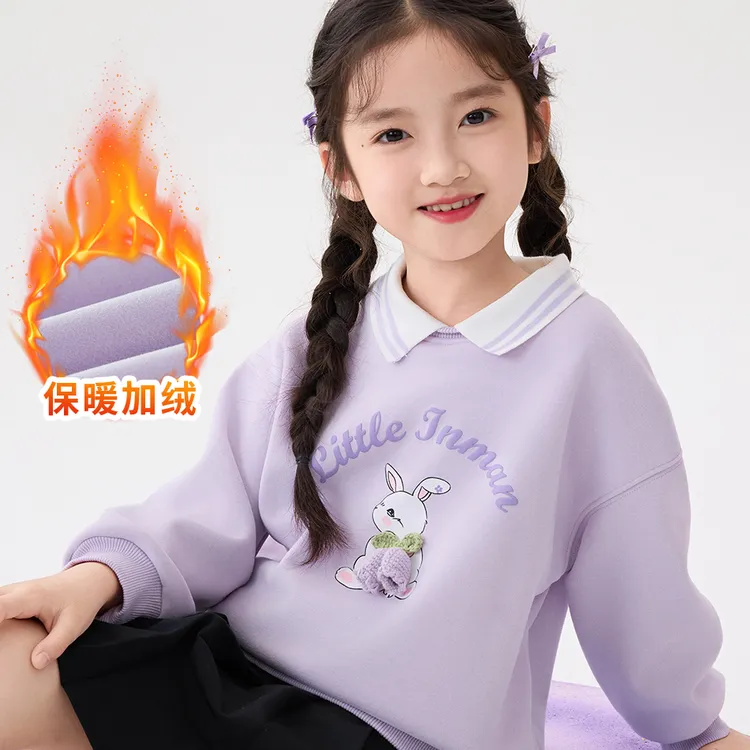 【爆款加绒】卫衣翻领女童加绒小茵曼女童25年冬装时尚印花套头衫GO3844217