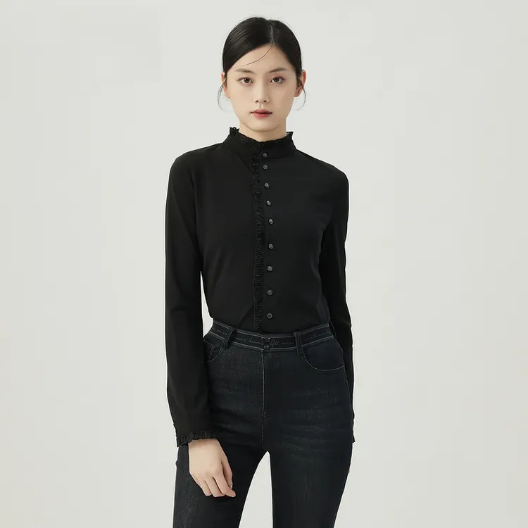 【现】哥弟宫廷风木耳边衬衣长袖立领轻职场纯色衬衫女1300936