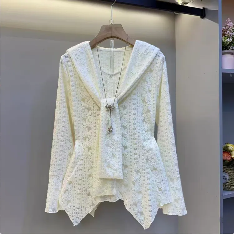 欧货秋季新款时尚洋气休闲百搭纯色高级显瘦蕾丝衫十披肩两件套