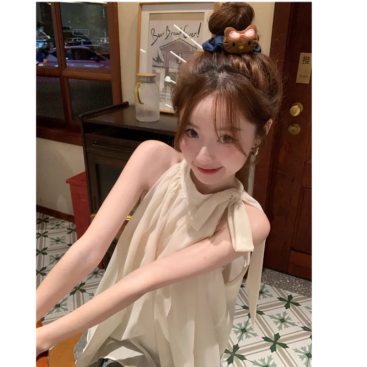 白色露肩系带挂脖小吊带背心女夏季无袖外穿搭泰式高级感简约上衣