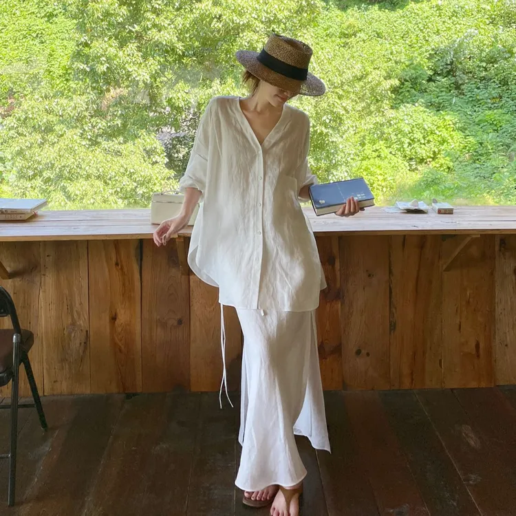 慵懒松弛感套装宽松气质v领长袖衬衫外套女夏季开叉半身裙两件套