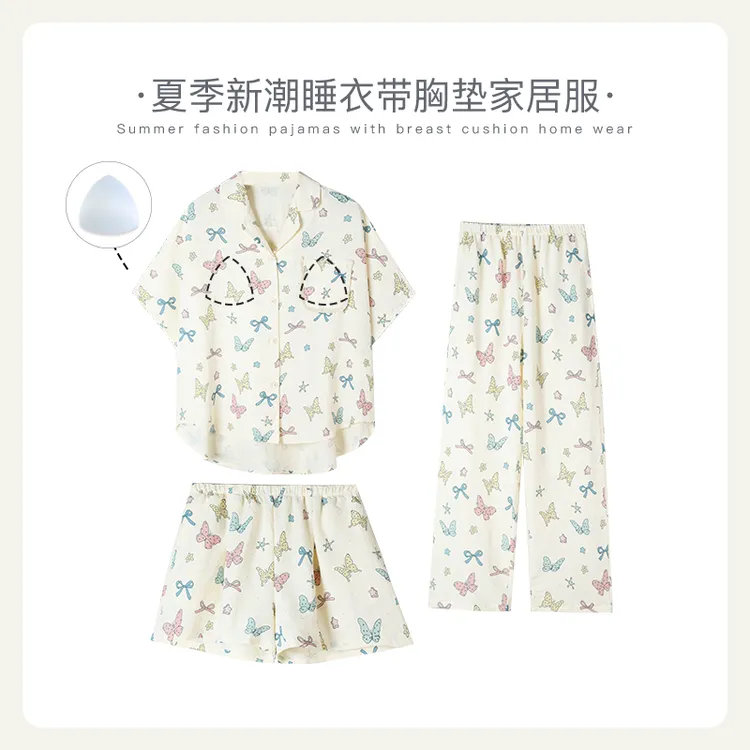 栗茵小众设计师新款泡泡绵女士睡衣夏季短袖可外出家居服三件套