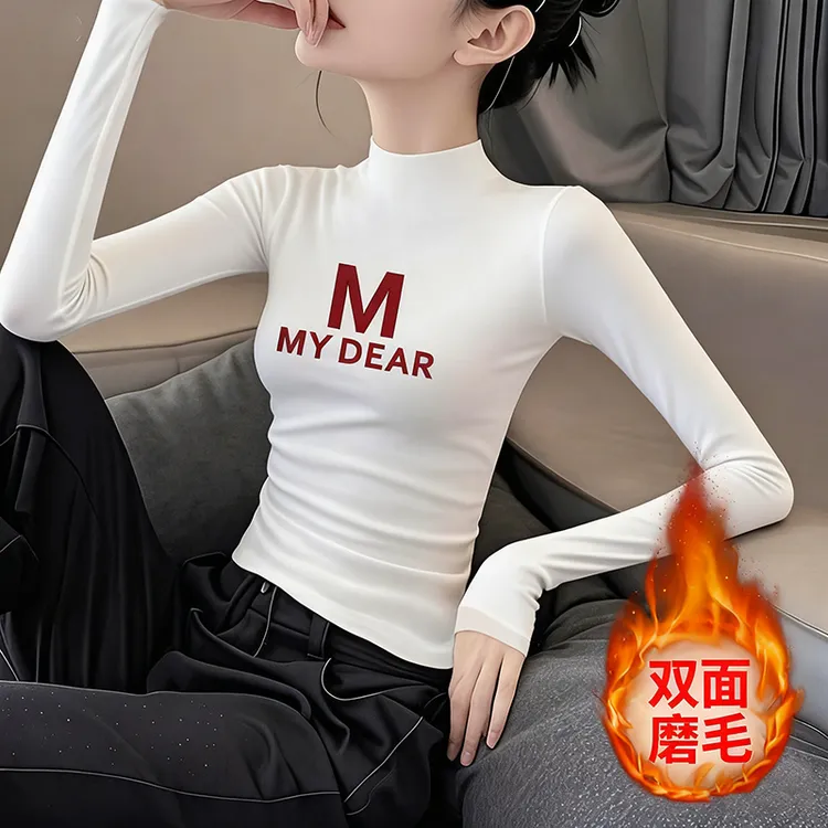 双面保暖德绒半高领长袖t恤女2026年春秋冬新款印花打底百搭上衣