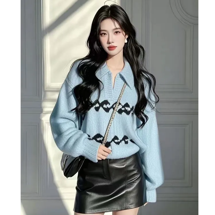 奶fufu慵懒高级感超好看韩系宽松浅蓝色印花针织polo衫女春季套装