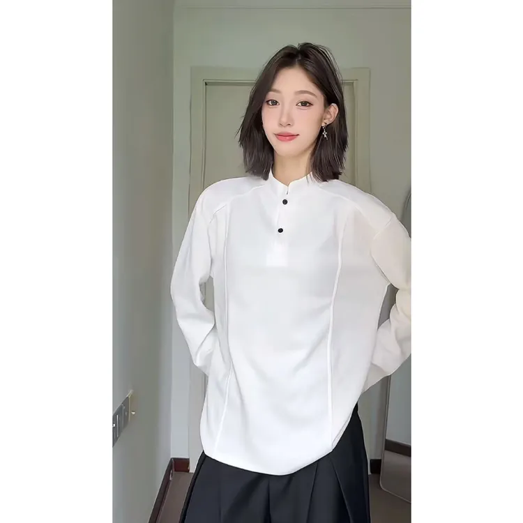 美式亨利领长袖t恤男春秋内搭polo衫重磅正肩打底衫解构拼接卫衣