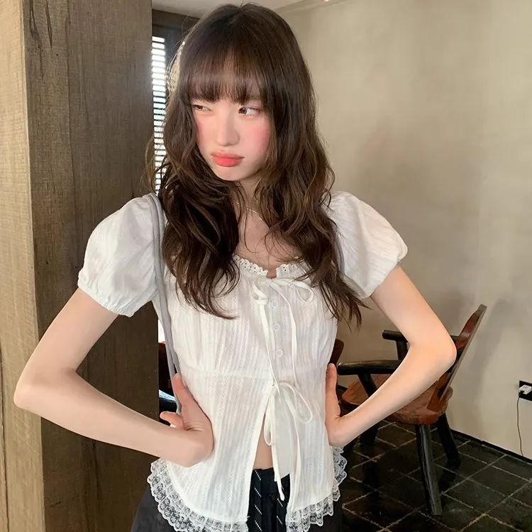 甜美蕾丝边绑带短袖衬衫女2025夏季新款法式洋气小衫独特别致上衣