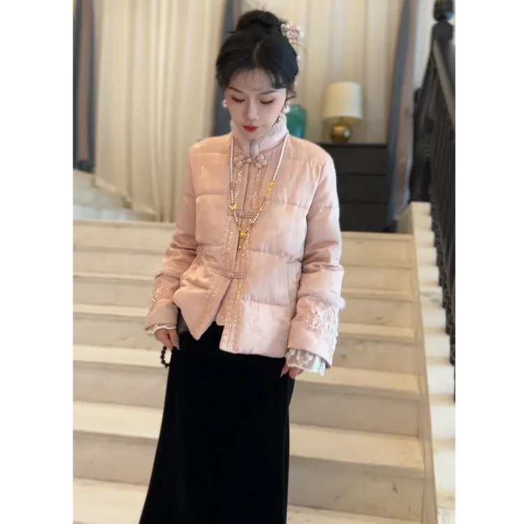 2025新中式高端重工刺绣亮片袖白鸭羽绒服仿水貂毛领气质女装百搭