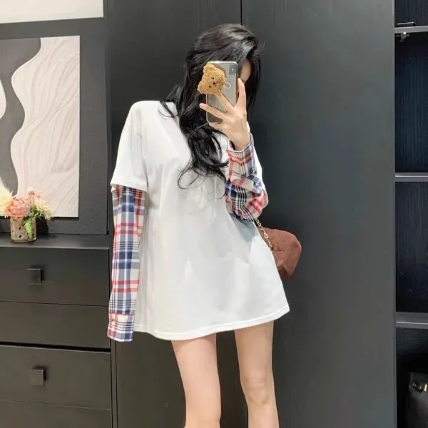 韩系长袖t恤女2025春季设计感假两件独特别致宽松休闲chic薄上衣