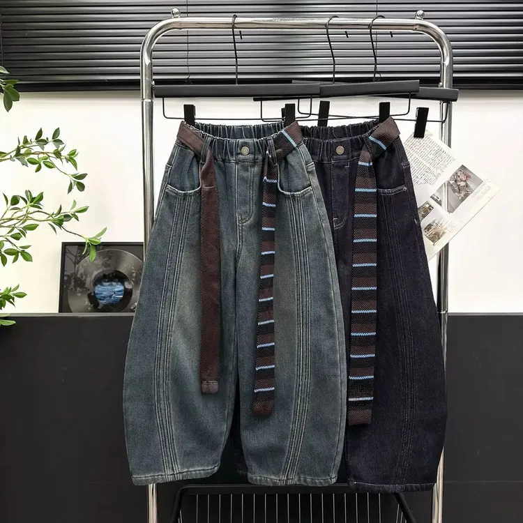 童装女童2025冬季新款洋气男女童百搭一体绒牛仔裤儿童加绒弯刀裤