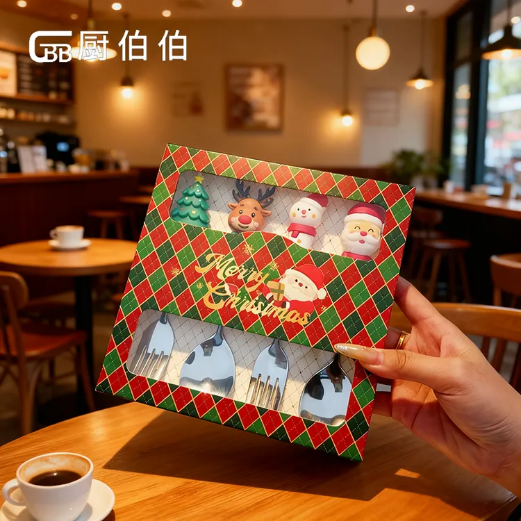 Christmas 304圣诞勺叉礼盒套装趣味圣诞公仔甜品勺叉