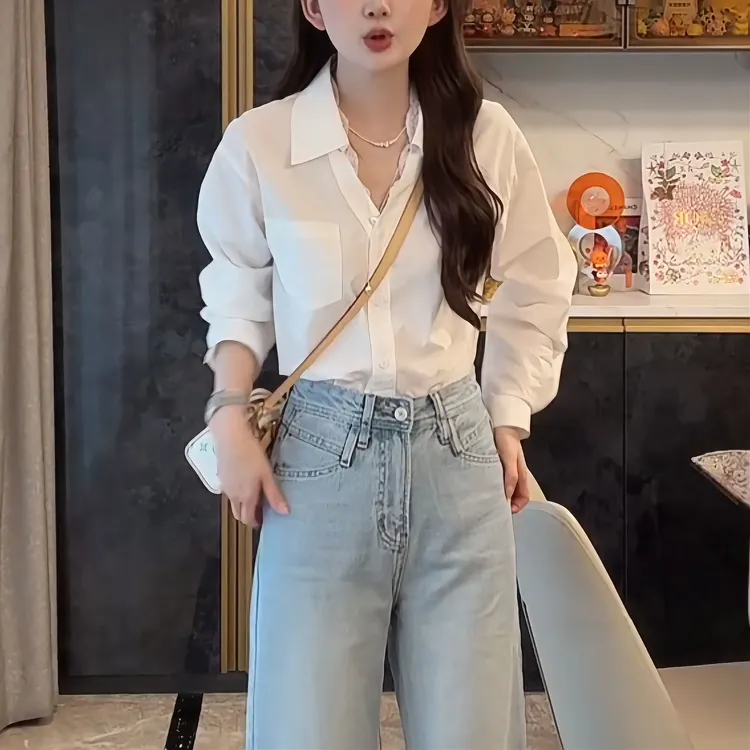 2025新款温柔白兰～春夏翻领拼接百搭气质显瘦蕾丝衬衫LK2501537-1