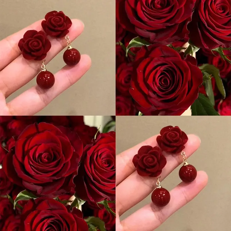 合金耳饰 红色植绒玫瑰花耳钉女复古港风独特高级感珠珠流苏耳饰 