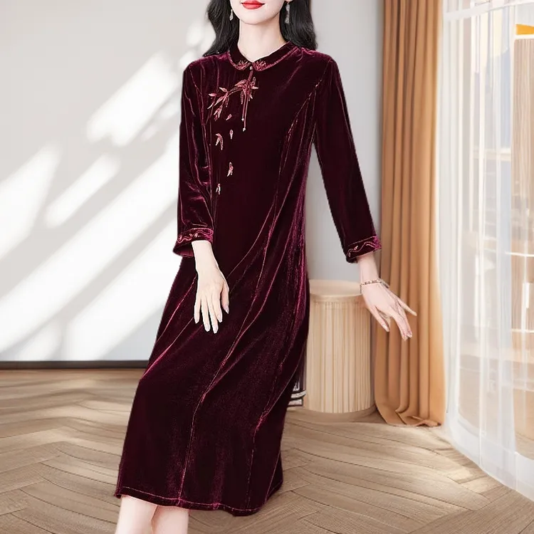 桑蚕丝绒连衣裙中老年女春装气质妈妈装结婚婚宴金丝复古高贵长袖