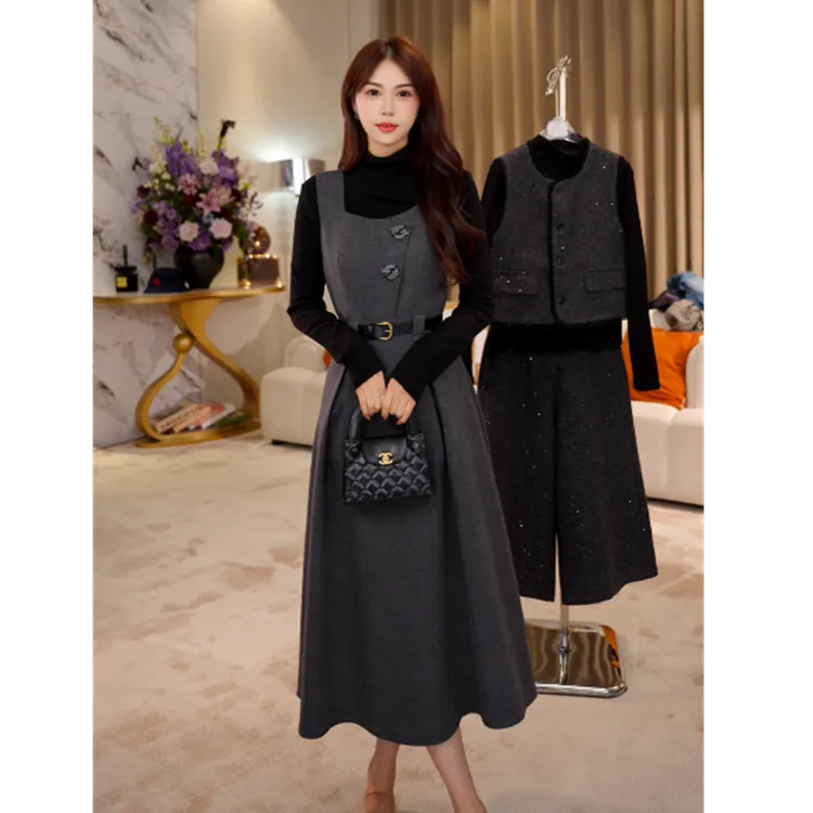 G9232时尚套装无袖连衣裙针织衫两件套2025新款女装秋冬穿搭整套