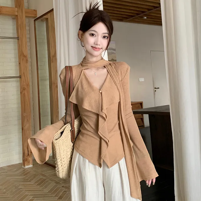 韩系气质设计感飘带V领长袖T恤女装2025秋季修身显瘦小众chic上衣
