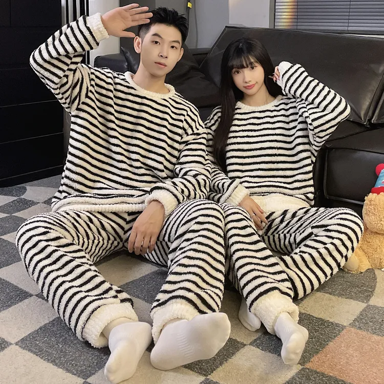 半边绒睡衣女长袖冬季韩版条纹情侣加厚加绒大码200斤家居服套装