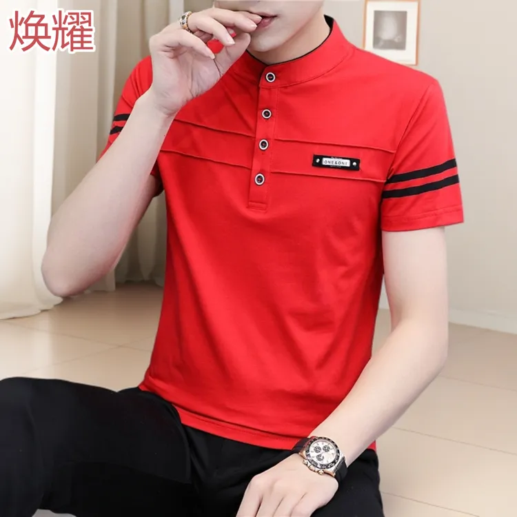 痞帅棉质男士T恤青年立领t恤男士短袖潮流美式潮流印花T恤polo衫